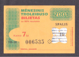 2001 Lithuania Vilnius Trolleybus October 20% / 7 Lt / 2€ Ticket - Europa