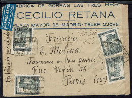 Espagne. Enveloppe Recommandée De Madrid Du 15 Août 1938 Pour Paris. Contrôle Censure. Bon état. - Briefe U. Dokumente