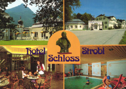 STROBL, RESORT, CASTLE, ARCHITECTURE, MULTIPLE VIEWS, UMBRELLA, RESTAURANT, POOL, SCULPTURE, AUSTRIA, POSTCARD - Strobl