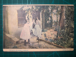 CARTE POSTALE, ART, Peinture Artistique. Filles Dans Le Patio De La Maison, Jouant Avec Les Branches D’un Arbre. Belle V - Gruppen Von Kindern Und Familien