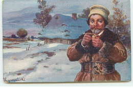 Pologne - Illustrateur - Homme Allumant Une Pipe Devant Une Maison Sous La Neige - Poland