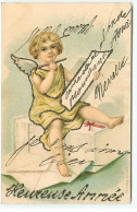 Carte Gaufrée Avec Pailettes - Heureuse Année - Ange écrivant Une Lettre - New Year