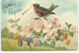 Heureuses Pâques - Rouge-gorge Sur Une Branche Fleurie, Avec Des Oeufs Accrochés - Easter