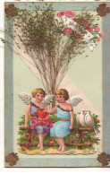 Carte Avec Un Chromo - Anges Assis Sur Un Banc Avec Des Colombes à Côté D'eux - Angels