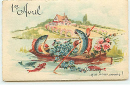 1er Avril - Devinez Qui Vous Envoie ! - Poissons Dans Une Barque Remplie De Myosotis - April Fool's Day