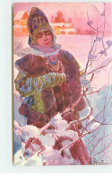 Illustrateur Russe - Jeune Femme Dans La Neige - Carte Recoupée - Autres & Non Classés