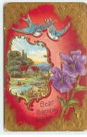 Carte Gaufrée - Best Birthday Wishes - Hirondelles Volant Au-dessus D'une Rivière Et De Fleurs - Verjaardag