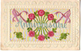 Carte Brodée - Anniversaire - Roses Et Trèfles - Embroidered