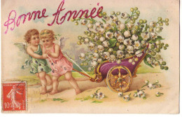 Bonne Année - Anges Tirant Un Chariot Rempli De Muguet - Paillettes - Nouvel An