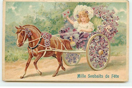 Carte Gaufrée - Fantaisies - Mille Souhaits De Fête - Fillette Dans Une Charette Décorée De Pensées, Tirée Par Un Cheval - Andere & Zonder Classificatie