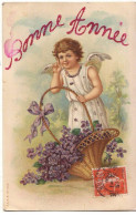 Bonne Année - Ange Tenant Un Panier Rempli De Violettes - Paillettes - Neujahr