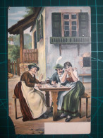 CARTE POSTALE, ART, Peinture Artistique. Famille, Papa Et Maman Jouant Aux Cartes Avec Grand-mère Pendant Que Les Enfant - Children And Family Groups