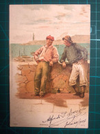 CARTE POSTALE, ART, Peinture Artistique. Portrait De Deux Hommes Accoudés Au Bord De La Promenade, Discutant De Ce Qui L - Malerei & Gemälde