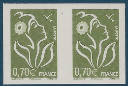 France Marianne De LAMOUCHE Philaposte Paire N°3967a** 0.70€ Vert Olive Variété NON DENTELÉ ACCIDENTEL RR - Neufs