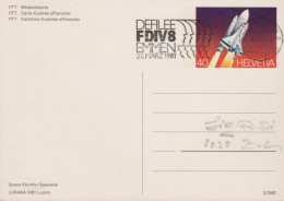 EMMEN1981 Schweiz, Ganzsache Bildpostkarte, LUBRA Luzern, Space Shuttle Zum: 210, Flagge: DEFILEE FDIV EMMEN - Ganzsachen