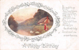 R298756 Greeting Card. Birthday Wishes. Swans. Lake. House. Girls. W. And K. No. - World