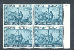 REPUBBLICA 1951 CRISTOFORO COLOMBO QUARTINA ** MNH - 1946-60: Nuevos