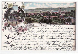39013021 - Lithographie Gruss Aus Bad Bibra Mit Panorama Und Brunnenhalle Gelaufen Von 1900. Oxydationsspuren Rechter R - Bad Bibra