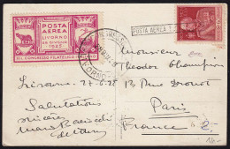 1925 Italy Posta Aerea Volo Livorno Original-Vignette Auf Karte Nach Paris RAR - Non Classés