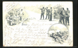 Lithographie Soldaten Der Infanterie Beim Schulschiessen, Gewehr Reinigen Und In Der Schützenlinie  - Weltkrieg 1914-18