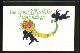 Künstler-AK Sign. H. Blank: Die Besten Wünsche Zum Namenstage, Putten Mit Füllhorn  - Autres & Non Classés