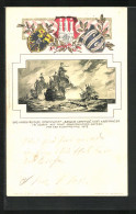 Passepartout-Lithographie Hamburgisches Convoyschiff Kaiser Leopold, Stadtwappen  - Velieri