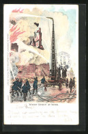 Lithographie Water Tower At Work, Feuerwehr, Modernes Löschwerkzwug  - Pompieri