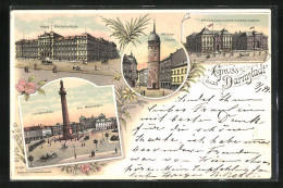 Lithographie Darmstadt, Neues Polytechnikum, Weisser Turm, Louisenplatz Mit Monument  - Darmstadt