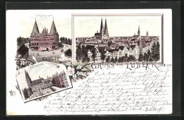 Lithographie Lübeck, Teilansicht, Holstentor, Marktplatz  - Lübeck