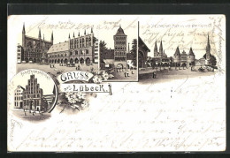 Lithographie Lübeck, Schiffergesellschaft, Rathaus, Burgtor  - Luebeck