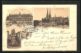 Lithographie Lübeck, Museum Und Dom, Post, Geibel-Denkmal  - Lübeck