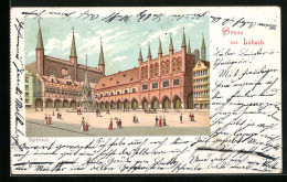 Lithographie Lübeck, Passanten Am Rathausplatz  - Luebeck