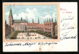 Lithographie Lübeck, Marktplatz Mit Marienkirche Und Rathaus  - Luebeck