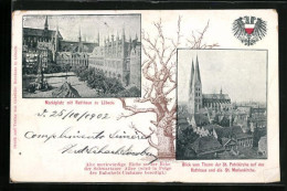 AK Lübeck, Marktplatz, Rathaus, St. Petrikirche, St. Marienkirche  - Luebeck