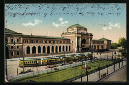 AK Mannheim, Bahnhofsgebäude Mit Strassenbahn  - Tramways