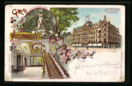 Lithographie Wiesbaden, Hotel Metropole, Vestibül, Brunnengruppe I. Wintergarten  - Wiesbaden