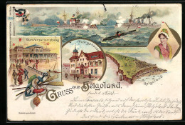 Lithographie Helgoland, Konversationshaus, Postgebäude, Dampfer Auf Hoher See  - Helgoland