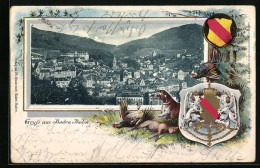 Passepartout-Lithographie Baden Baden, Teilansicht, Wappen  - Other & Unclassified