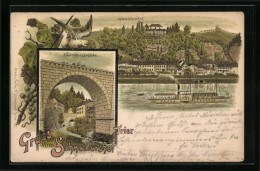 Lithographie Trier, Gasthaus Schneidershof Mit Dampfer, Napoleonsbrücke Mit Bachdurchlauf  - Trier