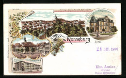 Lithographie Ronneburg, Rathaus, Postamt, Neue Schule  - Ronneburg
