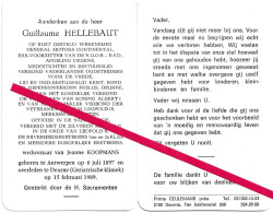 Antwerpen. Hellebaut Guillaume. °1897 - †1989 Deurne. Verbond Vaderlandse Ouderstrijders. Merksem. Schoten. J. Koopmans. - Avvisi Di Necrologio