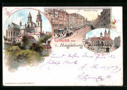 Lithographie Magdeburg, Dom, Alter Markt, Strasse Breiter-Weg  - Maagdenburg