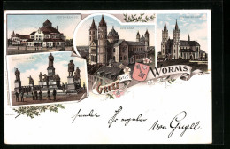 Lithographie Worms, Festspielhaus, Dom, Liebfrauenkirche  - Worms