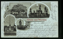 Mondschein-Lithographie Worms, Lutherbaum, Wasserturm, Lutherdenkmal  - Worms