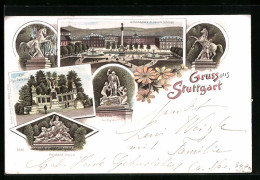 Lithographie Stuttgart, Schlossplatz Mit Neuem Schloss, Karl-Olga-Denkmal, Eberhard-Gruppe  - Stuttgart
