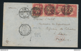 1856-58 GRAN BRETAGNA, Stanley Gibbons N. 40, 1 Penny, Rose Red, Striscia Di 4 Usato Su Busta Da Liverpool Per Caen - Otros & Sin Clasificación