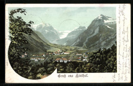 Lithographie Linthal, Ortsansicht Mit Bergpanorama  - Linthal