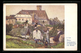 Künstler-AK Fritz Lach: Steyr, Hundsgraben Mit Pfarrhaus Und Kirche, Deutscher Schulverein  - War 1914-18