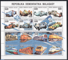 Madagascar 1993 Locomotives & Automobiles 16v M/s, Mint NH, Sport - Transport - Autosports - Automobiles - Railways - Auto's