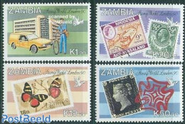 Zambia 1990 Stamp World London 4v, Mint NH, Nature - Transport - Butterflies - Post - Stamps On Stamps - Automobiles - Poste